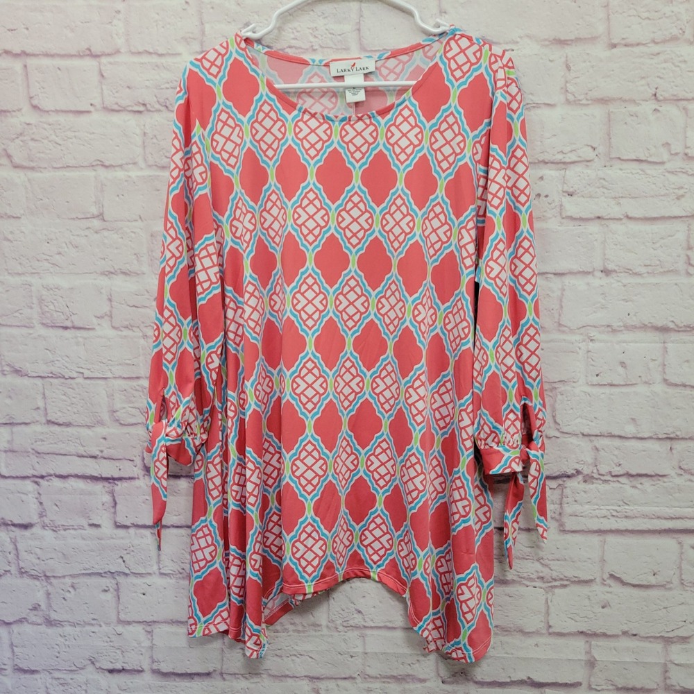 Larky Lark Geometric Knit Tunic Blouse L Tie Sleeve Retro Peppy Boho Resortwear